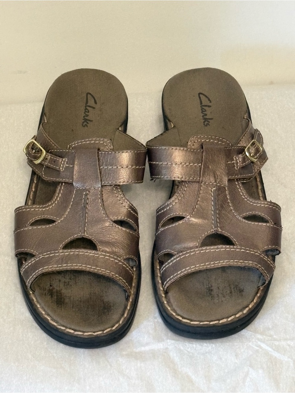 Clarks Metallic Bronze Leather Fisherman Strappy Comfort Wedge Sandals Size 8M